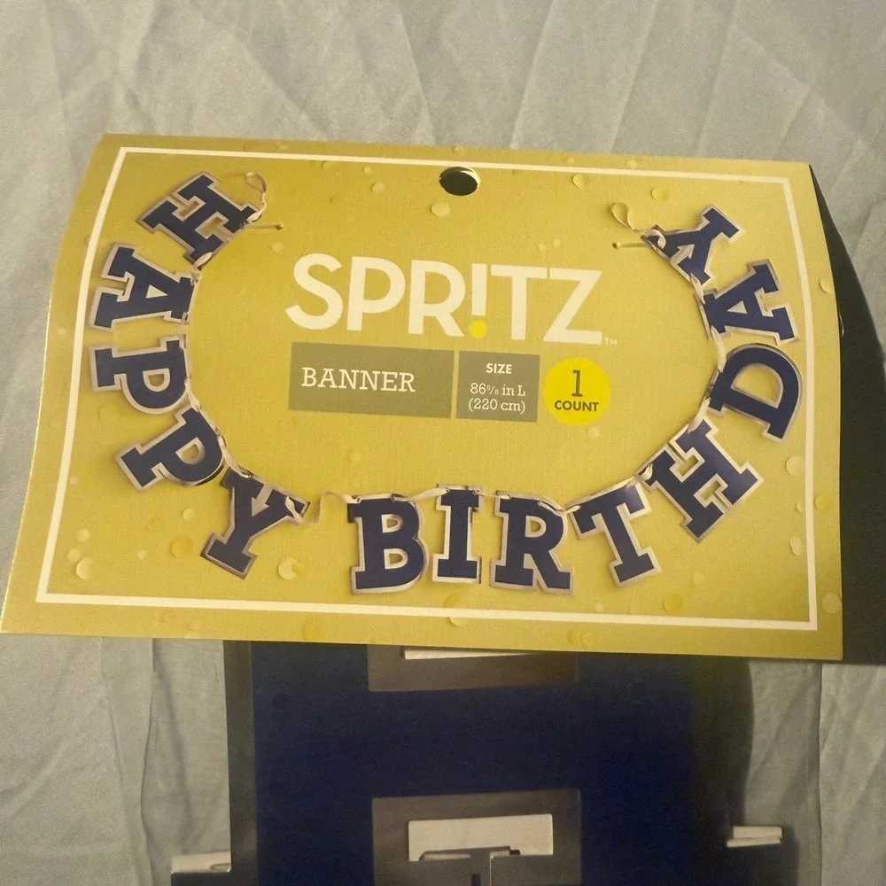 Spritz Happy Birthday Banner Blue Silver Metallic Party Decoration 86.5in L